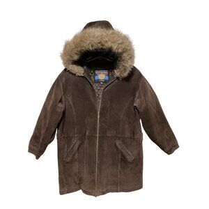Vintage Wilsons Adventure Bound Mens Suede Coat L Faux Fur Trim Hood Heavy Chore